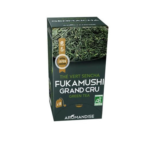 Boîte de 18 infusettes Thé vert Grand Cru Fukamushi Sencha d'Aromandise.