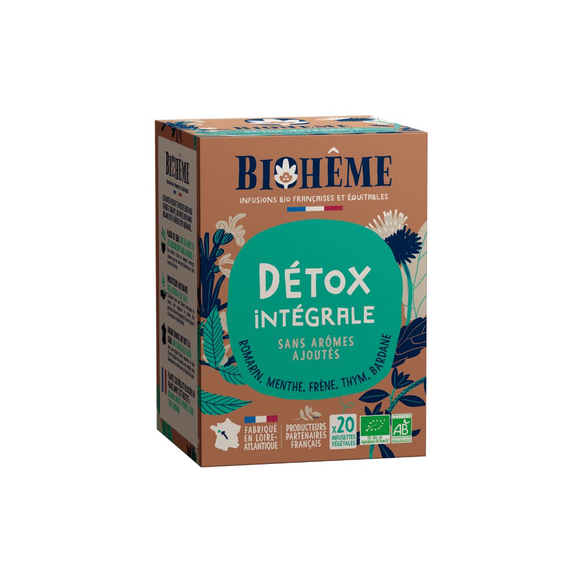 Boîte infusettes, Détox intégrale Bio de Biohême. Infusion romarin, menthe, thym, frêne, bardane.