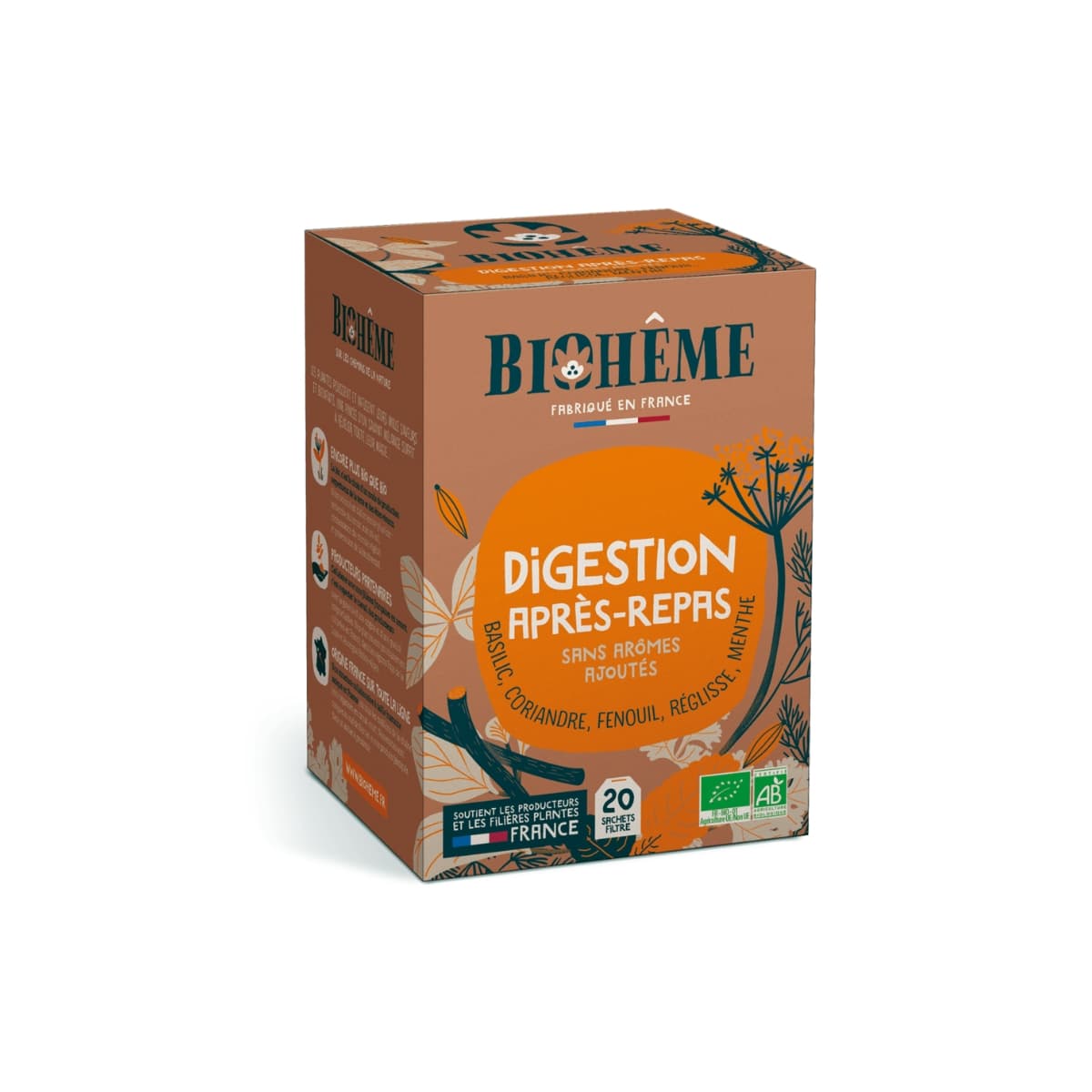 Boîte infusettes Digestion après-repas Bio de Biohême. Infusion, basilic, coriandre, réglisse, menthe.