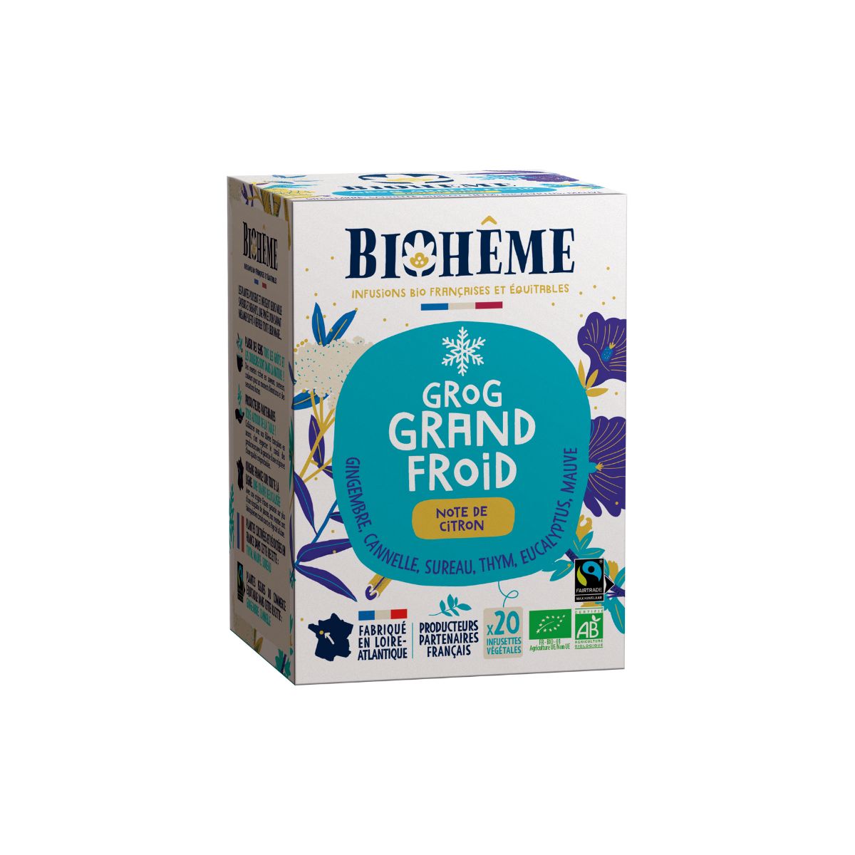 Boîte Grog Grand Froid Bio de Biohême. Infusion, gingembre, cannelle, thym.