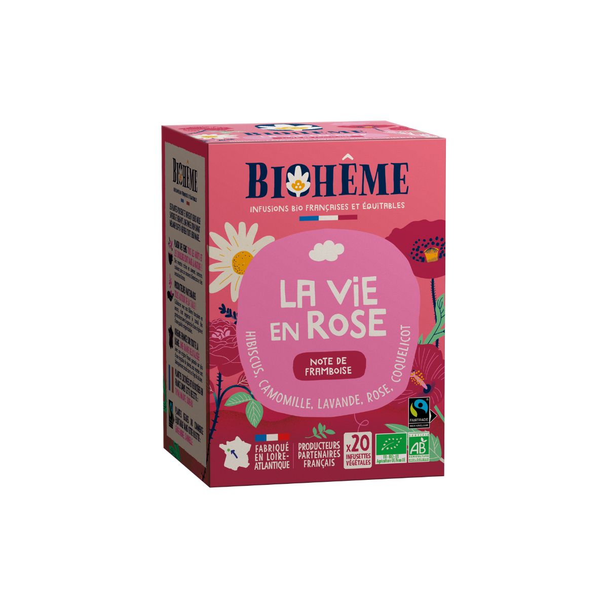 Boîte infusettes,  La Vie en Rose Bio de Biohême. Infusion Hibiscus, camomille, lavande, rose, coquelicot.