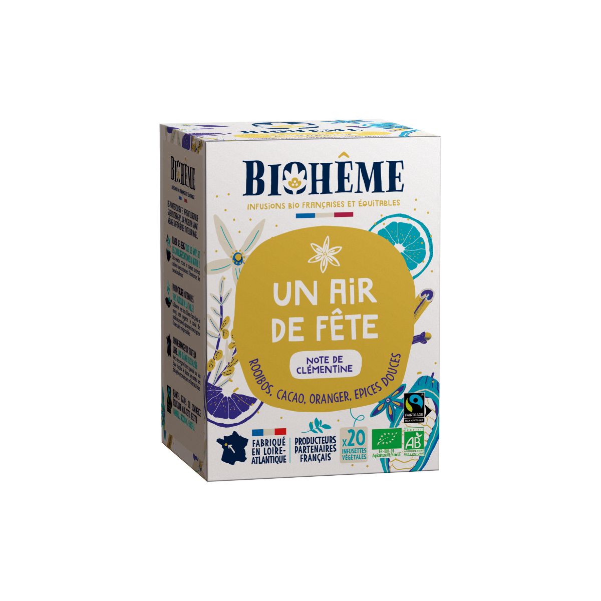 Boîte infusettes Un Air de Fête Bio de Biohême. Rooibos, cacao,oranger, épices douces.