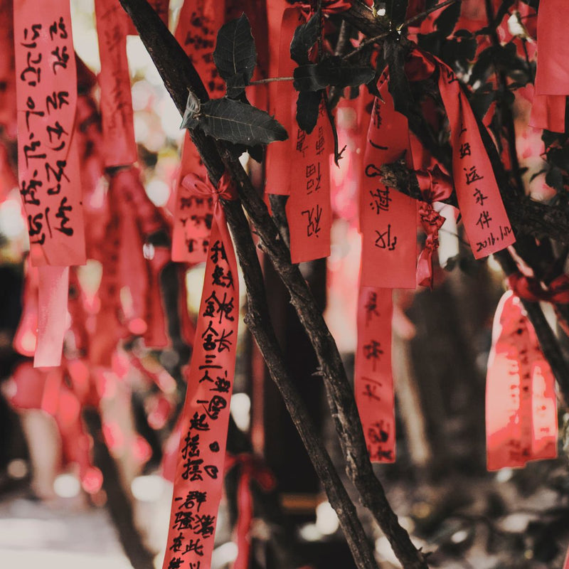 Écriture asiatique sur ruban rouge