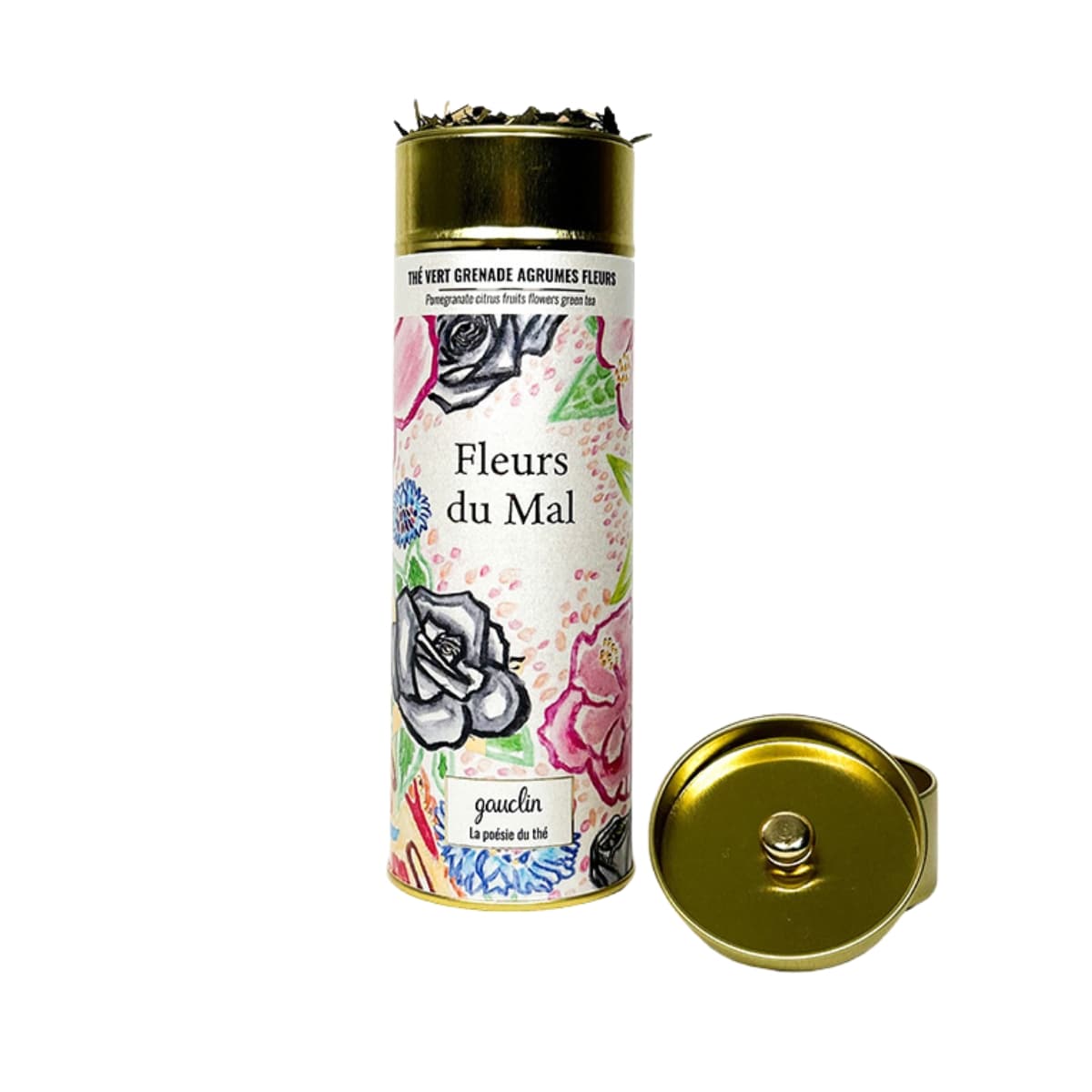 Boîte métallique 100g Fleur du Mal de la maison Gauclin. Thé vert, grenade, fleurs, agrumes.