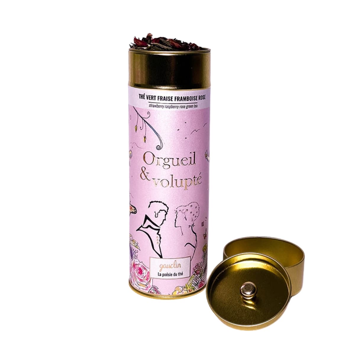 Boîte métallique 100g Orgueil et Voluptéde la maison Gauclin. Thé vert, fraise, framboise, rose.