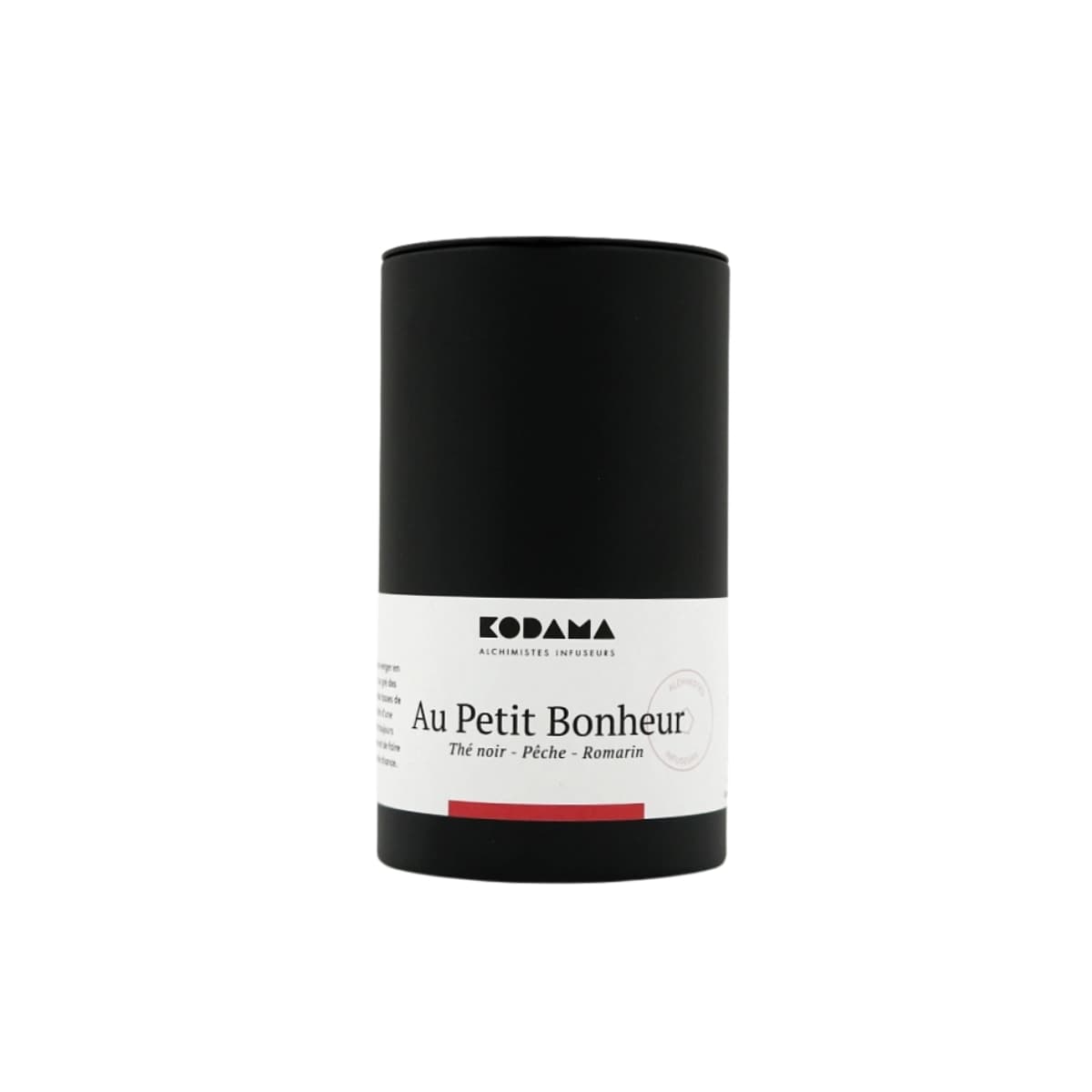 Boîte vrac 85g Au Petit Bonheur Bio de la maison de thé Kodama, un thé noir, pêche et romarin.