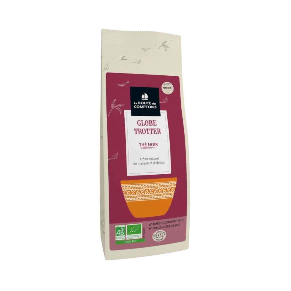 Sachet de 100g Thé noir Globe Trotter de La Route des Comptoirs, thé noir mangue, abricot.