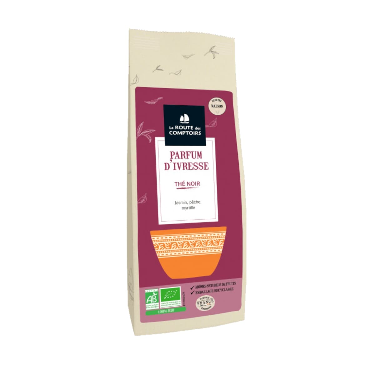 Sachet de 100g Thé noir Parfum d'Ivresse de La Route des Comptoirs, thé noir jasmin, pêche, myrtille.