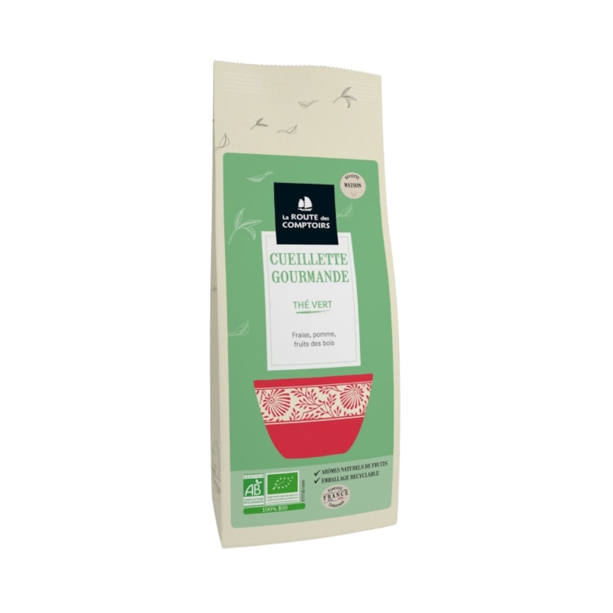Sachet de 100g Thé vert Cueillette Gourmande de La Route des Comptoirs, thé vert fraise, pomme, fruits des bois.