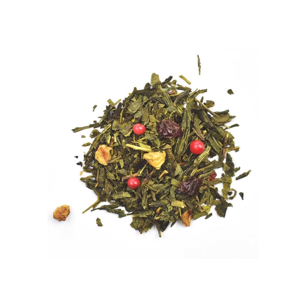 Vrac Thé vert Cueillette Gourmande de La Route des Comptoirs, thé vert fraise, pomme, fruits des bois.