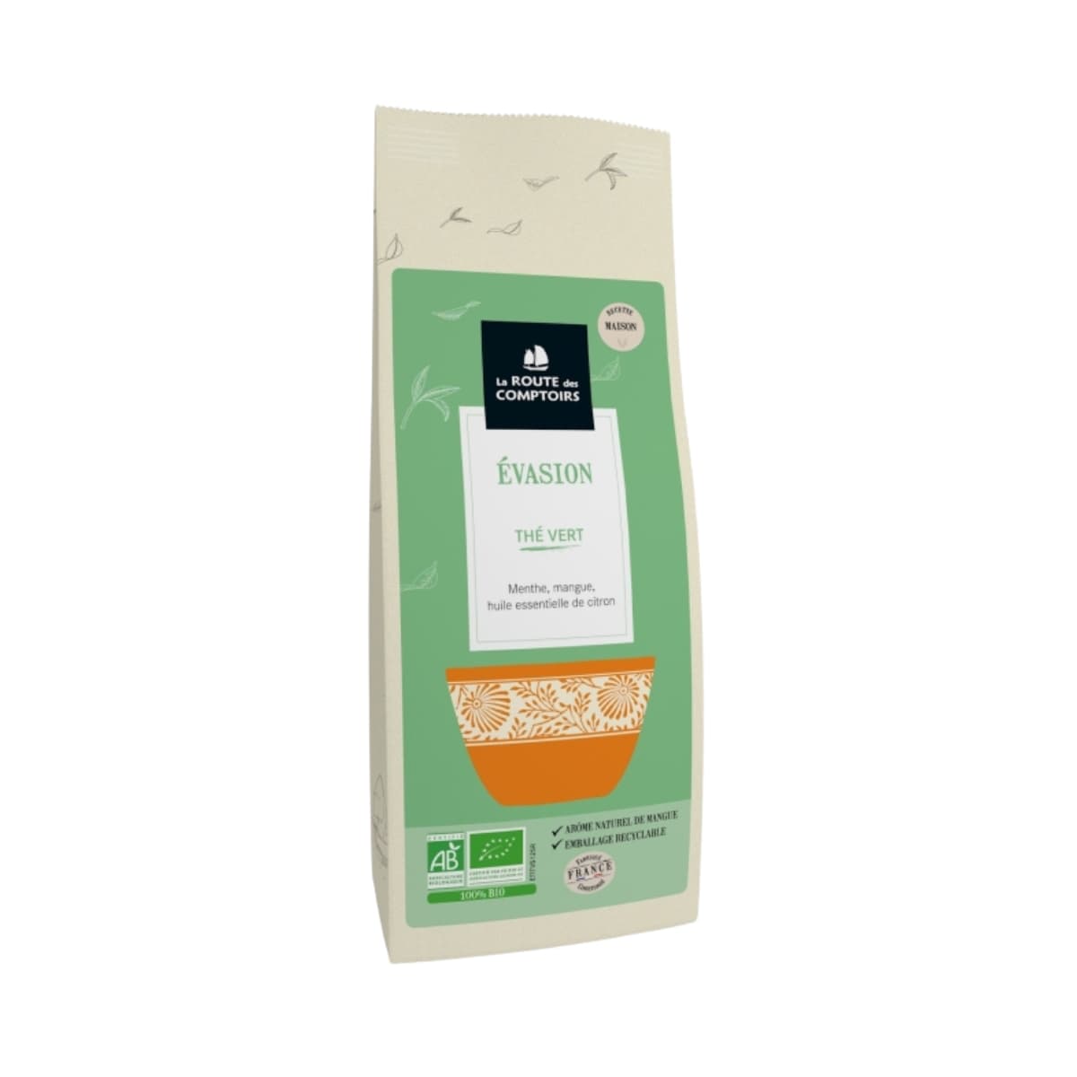 Sachet de 100g Thé vert Evasion de La Route des Comptoirs, thé vert menthe, mangue, citron.