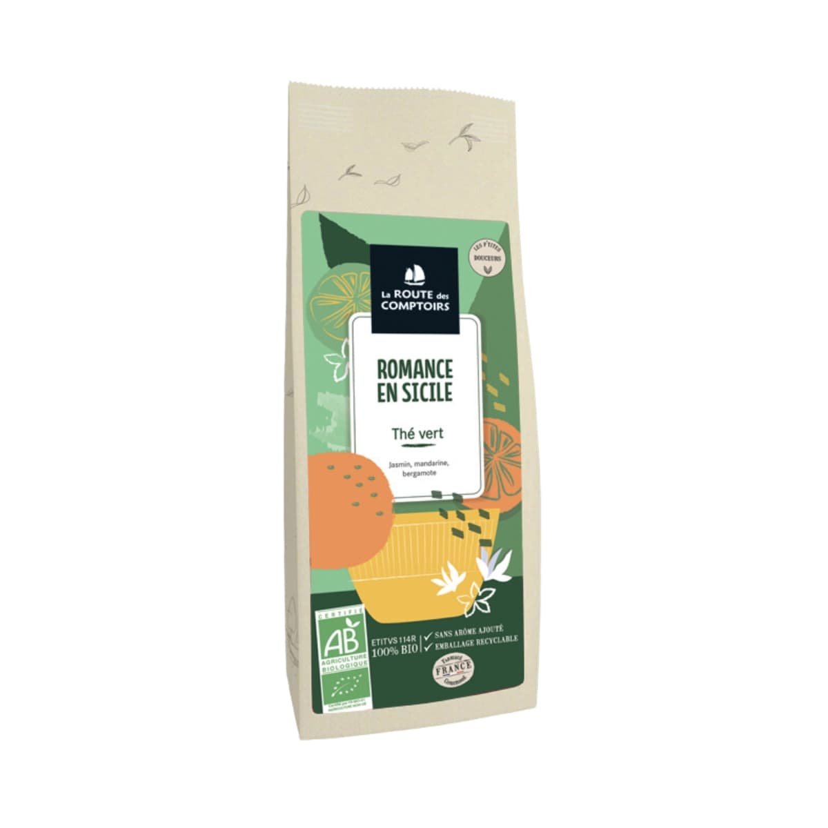 Sachet de 100g Thé vert Romance en Sicile de La Route des Comptoirs, thé vert jasmin, mandarine, bergamote.