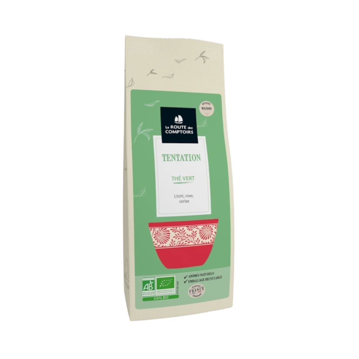 Sachet de 100g Thé vert Tentation de La Route des Comptoirs, thé vert litchi, rose, cerise.