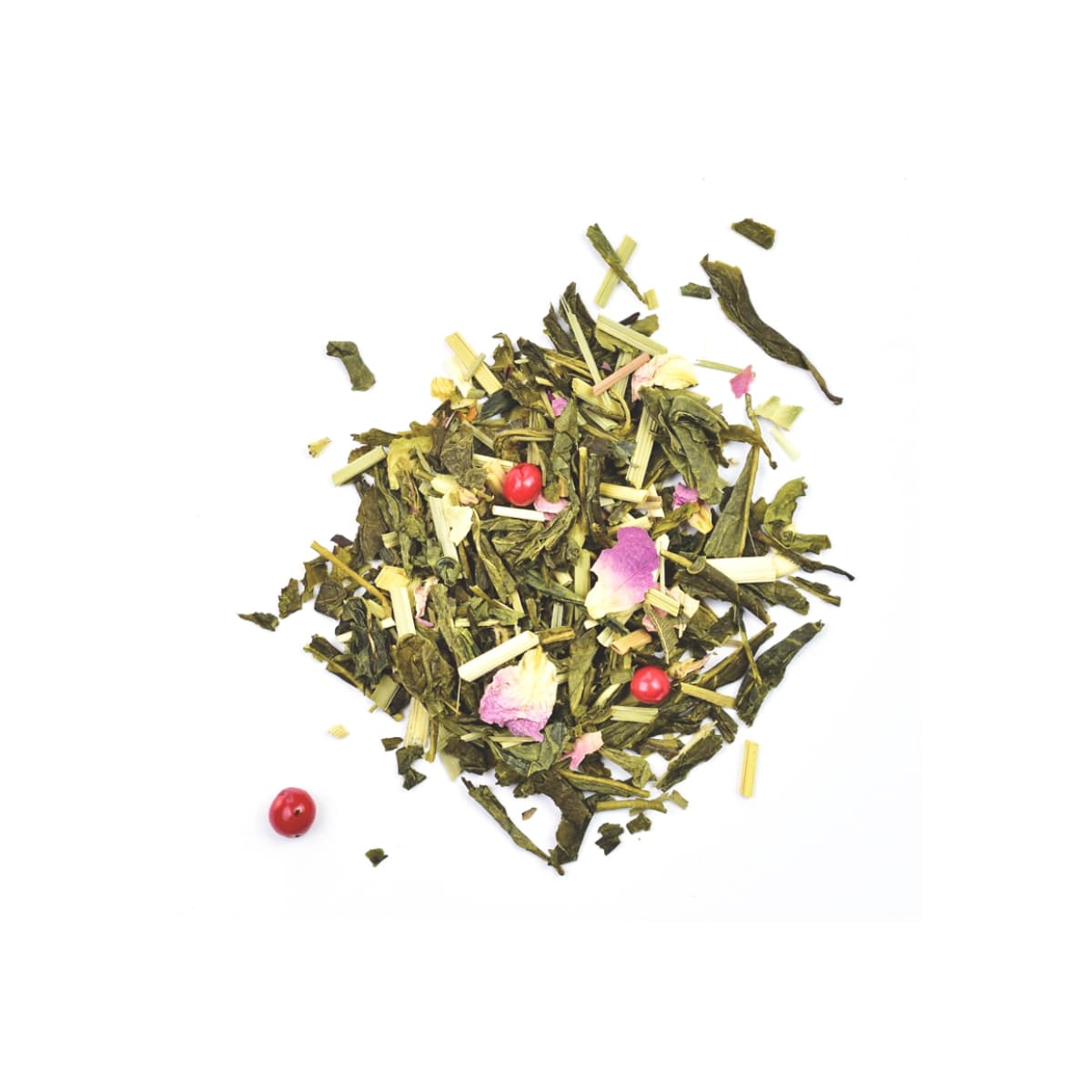 Vrac Thé vert Tentation de La Route des Comptoirs, thé vert litchi, rose, cerise.
