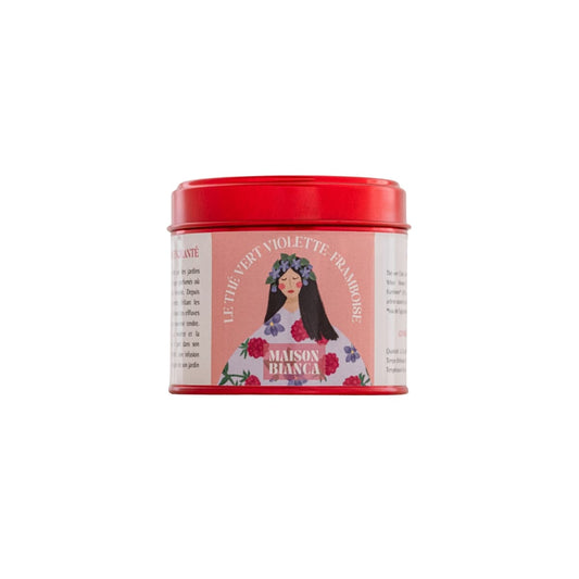 Boîte vrac 45g Thé vert violette framboise de Maison Bianca.