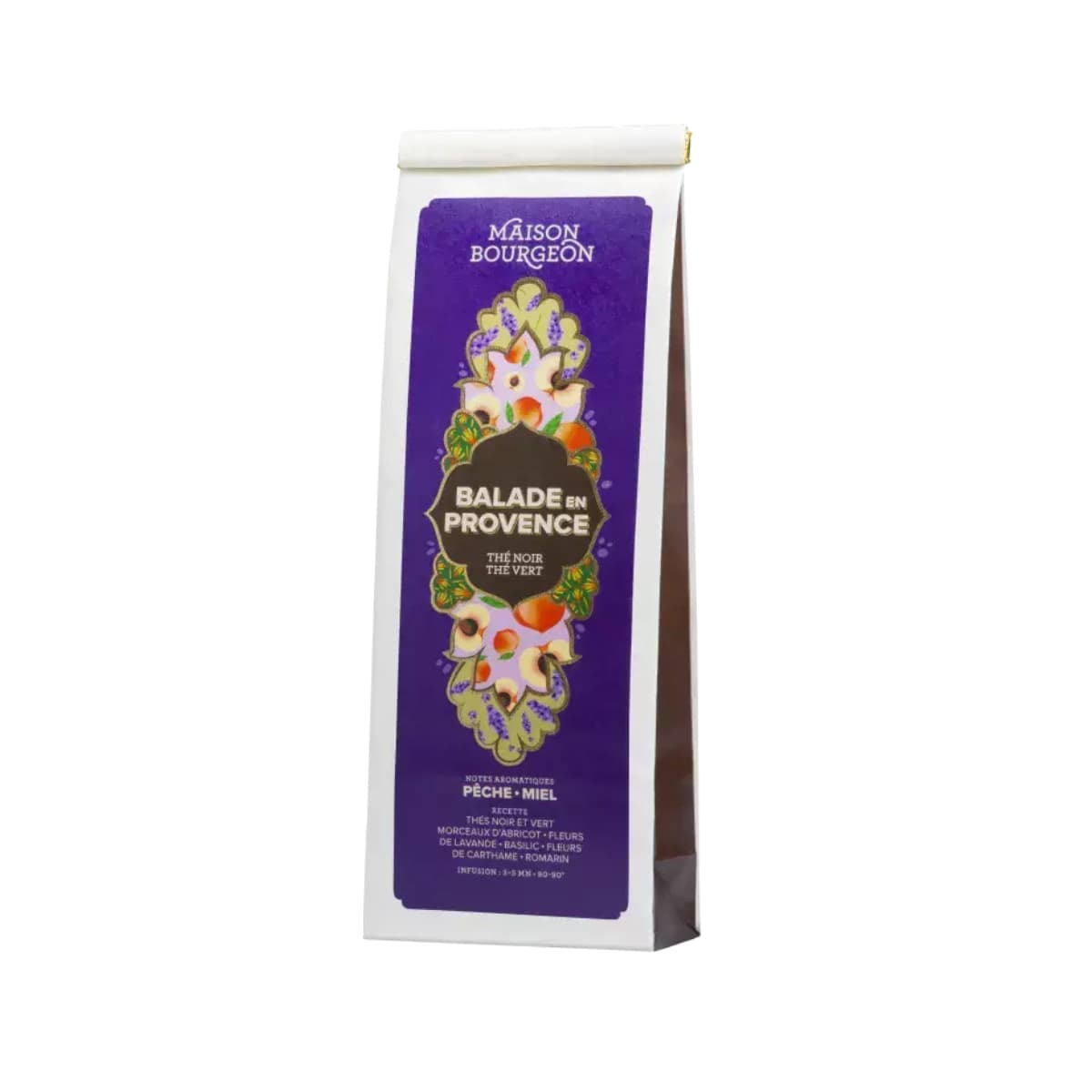 Sachet de 100g de la Maison Bourgeon, Balade en Provence, thé noir et vert pêche, miel.