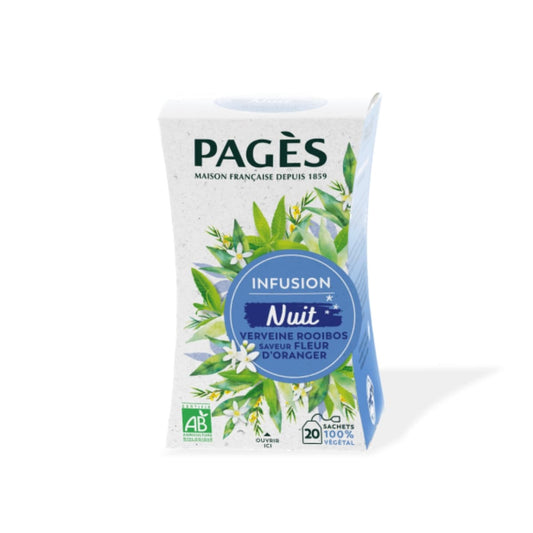 Boîte 20 infusettes Infusion Nuit Verveine Rooibos Fleur d'Oranger de Pagès.