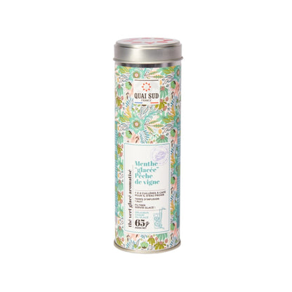 Boîte 65g de Thé Vert Glacé Pêche De Vigne-Menthe de Quai Sud.