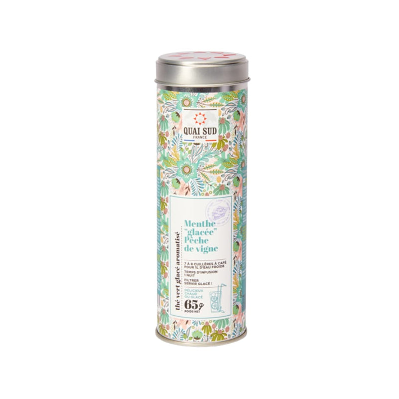 Boîte 65g de Thé Vert Glacé Pêche De Vigne-Menthe de Quai Sud.