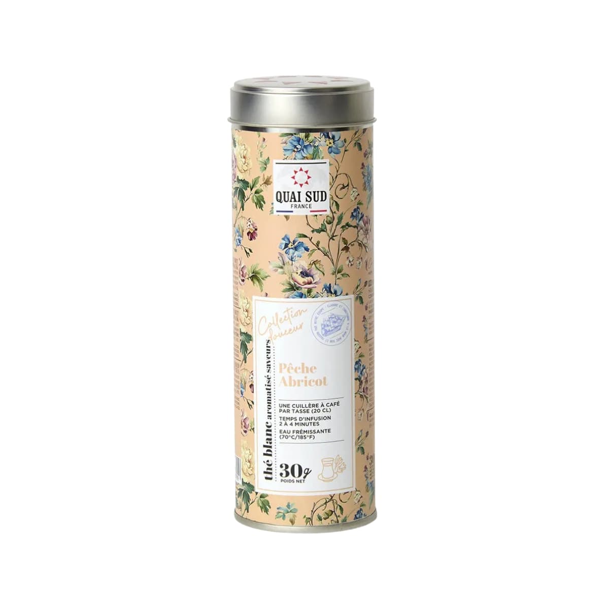 Boîte 30g Thé Blanc Pêche Abricot de Quai Sud.